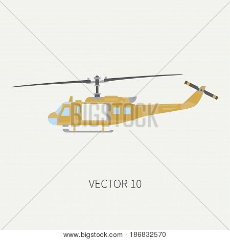 Plain flat color vector icon military turboprop transportation helicopter. Army equipment and armament. Retro copter. Cartoon. Assault. Soldiers. War. Illustration and element for design, wallpaper.