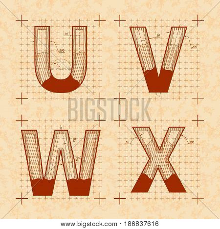 Medieval inventor sketches of U V W X letters. Retro style font on old yellow textured paper