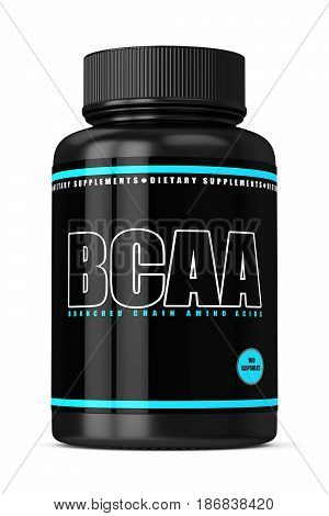 3D Render Of Bcaa Bottle With Pills Over White