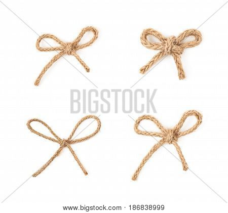 Bow knot made of linen rope string isolated over the white background, set of four different foreshortenings