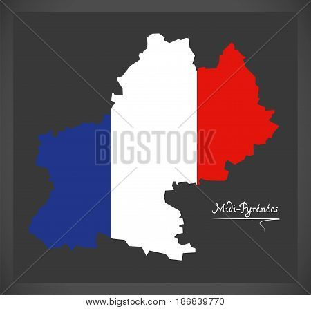 Midi-pyrenees Map With French National Flag Illustration