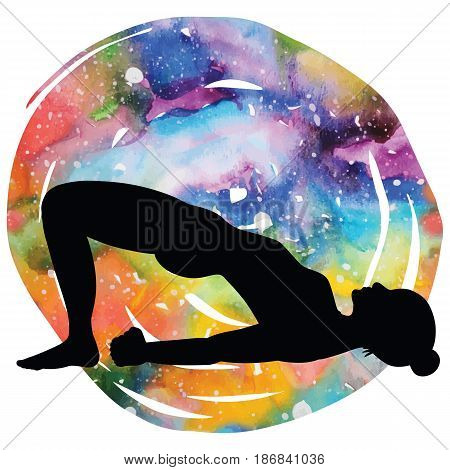Women silhouette on galaxy astral background. Bridge Yoga Pose. Setu Bandha Sarvangasana Vector illustration