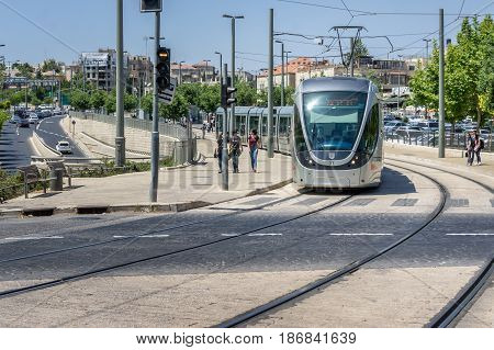 JERUSALEM, ISRAEL - MAY 12: The light rail on one street of Jerusalem, Israel on May 12, 2017