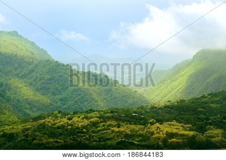 Beautiful sun spots in Caucasus mountains. 3 Layers of mountains. Georgia.