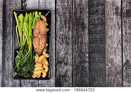 Fried Chinese Kale And Macaroni With Deep-fried Dried Salted Sea Fish.