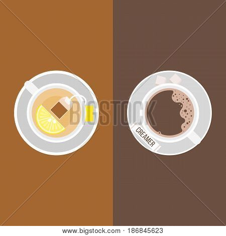 coffee, creamer package and sugar cubes,lemon tea with tea bag and slice of lemon on saucer, flat design vector