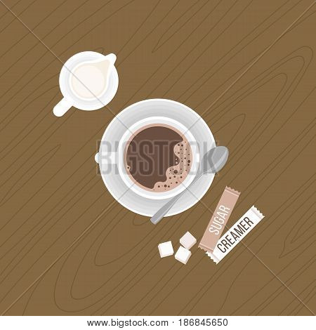 coffee with crema and tea spoon on saucer, milk jug, sugar cubes, package of sugar and  creamer on wooden background, flat design vector