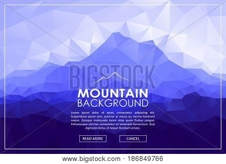 Triangle low poly landscape with blue mountain range. Vector polygonal illustration.