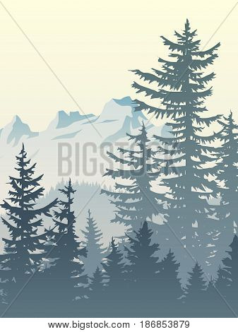 Vertical illustration of foggy coniferous trees and mountains.