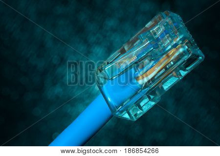 The concept of Internet technology. Twisted pair (patch cord) network Internet cable on blue blurred background closeup