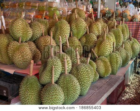 RAYONG THAILAND-APRIL 2017 : Group of ripe Durian on wood Shelf at fruit market shop Rayong Thailand.