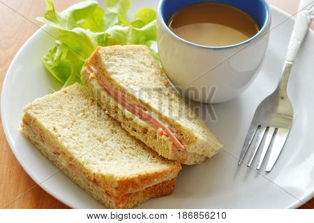 pork bologna whole wheat sandwich with fresh green oak and coffee on dish