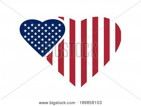 Two hearts painted in the colors of the USA flag. American Flag in heart. Heart Shape US America flag isolated on white background. Vector illustration