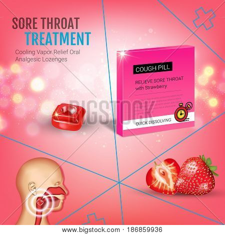 Cough Drops ads. Vector 3d Illustration with strawberry pills for throat. Poster with product's package.