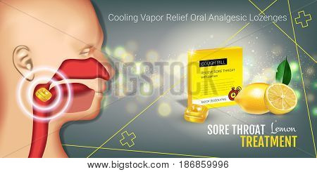 Cough Drops ads. Vector 3d Illustration with lemon pills for throat. Horizontal banner with product's package.