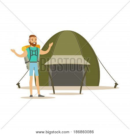 Young bearded man traveler with a backpack standing near a tourist tent. Summer camping colorful cartoon character vector Illustration isolated on a white background