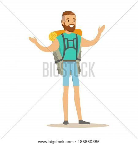 Young man traveler standing with backpack. Summer camping colorful cartoon character vector Illustration isolated on a white background