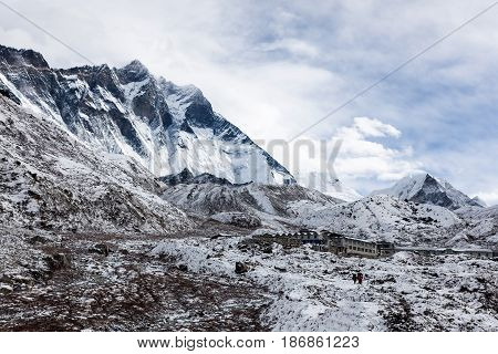 Everest Base Camp Trek/nepal - October 29, 2015: Mountain Village Under Lhotse Mountain Vertical Wal