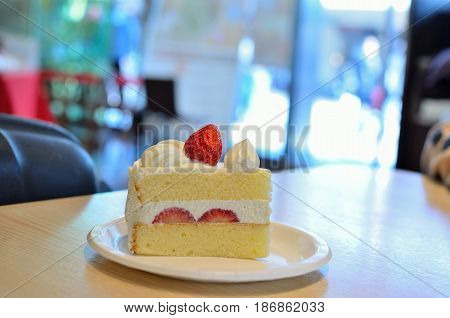 Strawberry Shortcake in cafe on the tabke