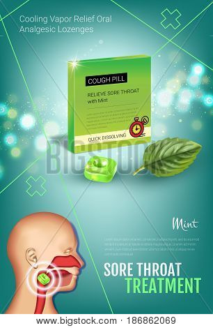 Cough Drops ads. Vector 3d Illustration with mint pills for throat. Vertical poster with product's package.