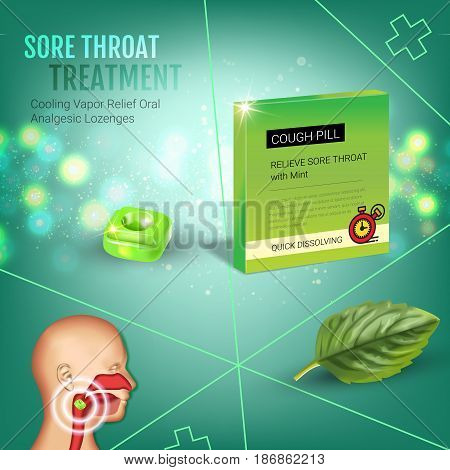 Cough Drops ads. Vector 3d Illustration with mint pills for throat. Poster with product's package.