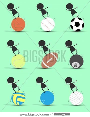 Black man character cartoon imbalance on sports ball with green background. Flat graphic. logo design. sports cartoon. sports balls .vector. illustration.