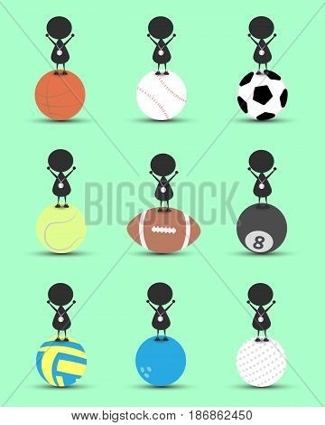 Black man character cartoon stand on sports ball and get the silver medal with green background. Flat graphic. logo design. sports cartoon. sports balls. victory sign. vector. illustration.