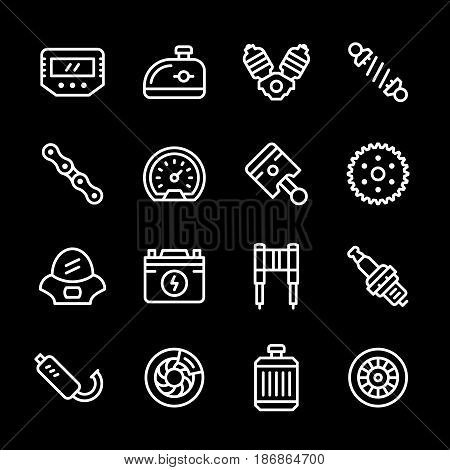 Set line icons of motorcycle parts isolated on black. Vector illustration