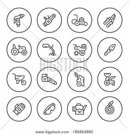 Set round line icons of garden equipment isolated on white. Vector illustration