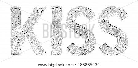 Hand-painted art design. Adult anti-stress coloring page. Black and white hand drawn illustration KISS mom for coloring book