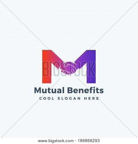 Mutual Benefit Abstract Vector Sign, Symbol or Logo Template. Hand Shake Incorporated in Letter M Concept. Isolated.