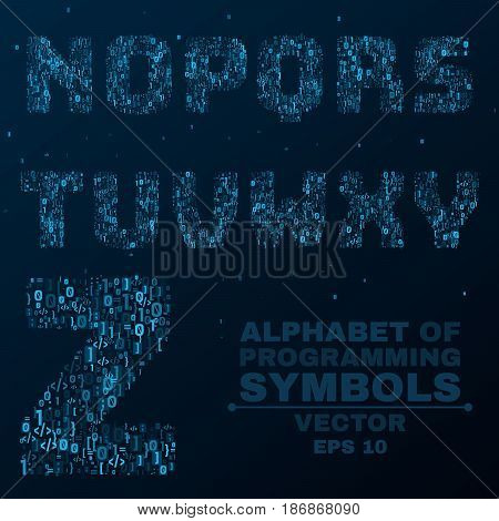 Alphabet from the symbols of the program code. Programming in design. Glowing letters are blue. N O P Q. Vector illustration