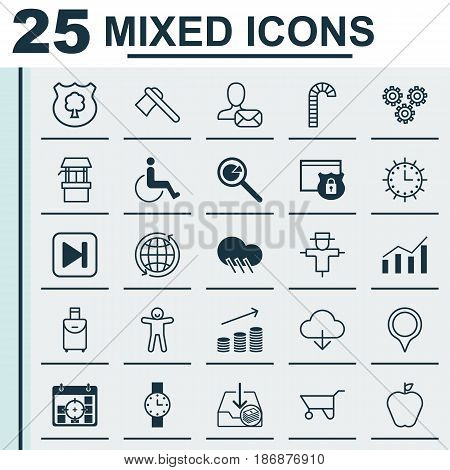 Set Of 25 Universal Editable Icons. Can Be Used For Web, Mobile And App Design. Includes Elements Such As Skip Song, World, Mechanism Parts And More.