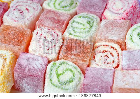 Assorted Turkish Delight as background. close up