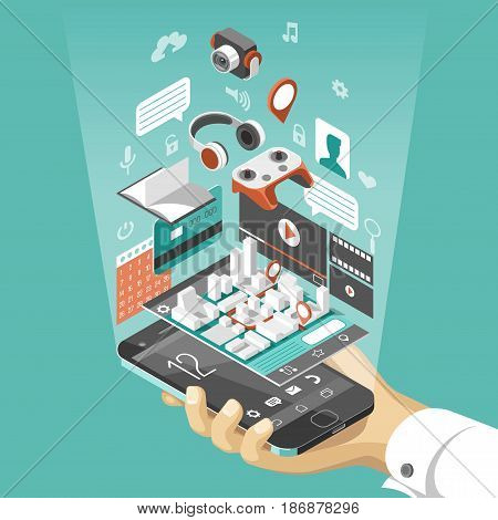 Isometric smart phone interface. Screen with different apps and icons. Map on mobile application. 3d vector illustration.