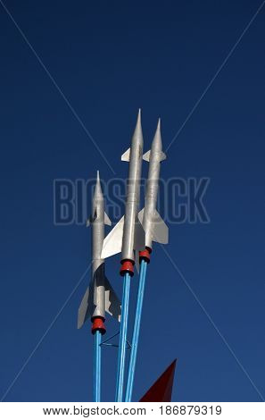 Tulip and missiles.Simbol of Priozersk-former Soviet  anti-ballistic missile testing range Sary Shagan.May 11, 2017.Priozersk.Kazakhstan