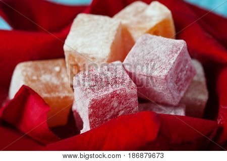 rose flavoured turkish delight with red rose petals