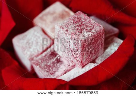 Traditional turkish locum with red rose petals