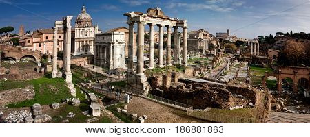 panorama of the Roman Forum Foro Romano and Ruins of Septimius Severus Arch and Saturn Temple in Rome, Italy