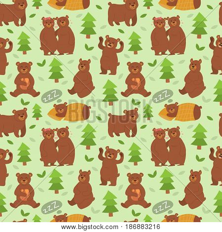Cartoon bear character different pose vector set cute illustration seamless pattern