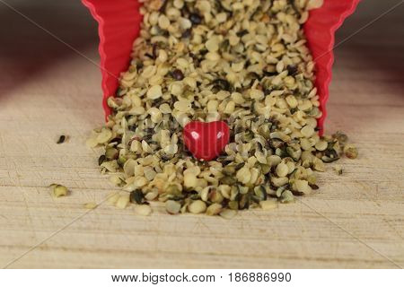 Hemp seeds/ These are hemp seeds with red heart.