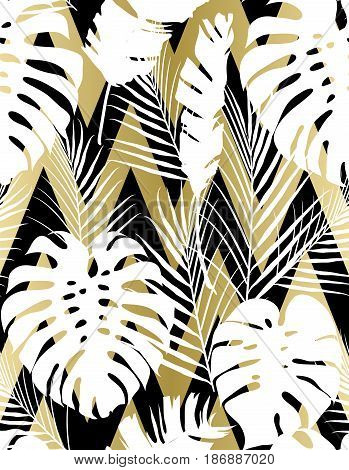 Seamless pattern with gold black white grayscale colored tropical exotic palm leaves on abstract geometric zigzag style background. Fabric, wrapping paper print. Vector illustration stock vector.