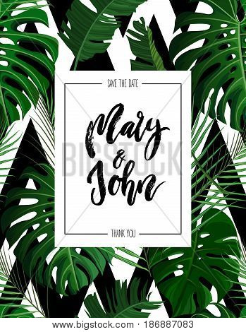 Tropical vertical design with green exotic palm leaves seamless pattern and wedding save date invitation. Vector illustration stock vector.