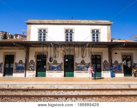 PINHAO PORTUGAL - APRIL 05 2017: Old train station in Pinhao Portugal on a spring day.