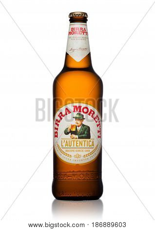 London, Uk - May 15, 2017: Bottle Of Birra Moretti Beer On White, Italian Brewing Company, Founded I