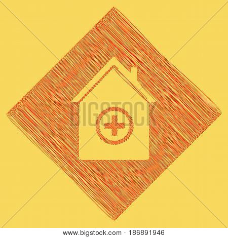 Hospital sign illustration. Vector. Red scribble icon obtained as a result of subtraction rhomb and path. Royal yellow background.