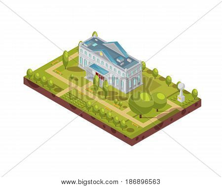 Isometric layout of historic university building with monument walkways and benches in surrounding park 3d vector illustration