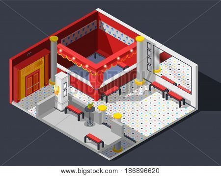 Theatre hall isometric composition with lights benches and mirror vector illustration