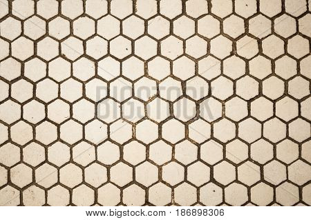 close up image of  a floor with subway white tile