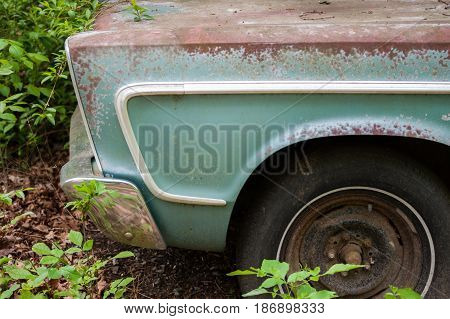 Detail of a rusty green car abandoned by the side of the road
